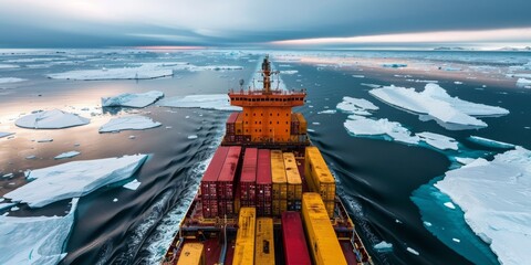 A large orange ship is sailing through the ocean with ice - obrazy, fototapety, plakaty