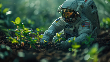 A man in a space suit is digging in the dirt