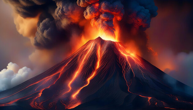 A painting of a volcano erupting with vibrant colors depicting the lava and smoke