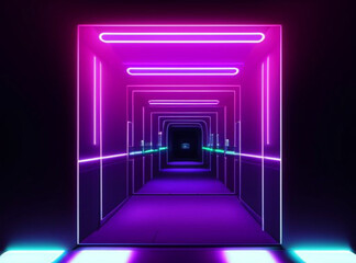 Sci-Fi futuristic abstract gradient blue violet pink neon. A glowing corridor on the reflection of the concrete floor. A dark interior room.