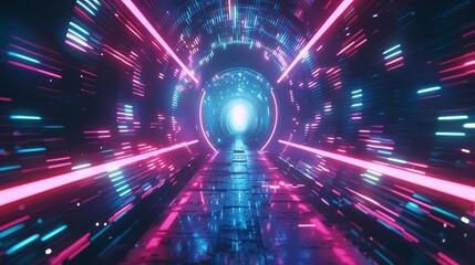 Futuristic Neon Speed Tunnel with Glowing Lights, Abstract Motion Background Illustration