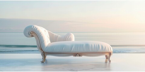 A white chaise lounge is laying on the beach next to the ocean - Powered by Adobe
