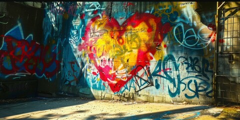 A heart painted on a wall with graffiti around it