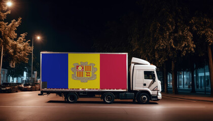 Andorra  flag on the back of white truck against the backdrop of the city. Truck, transport, freight transport. Freight and Logistics Concept - obrazy, fototapety, plakaty
