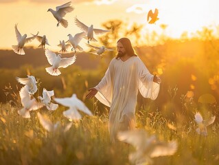 Jesus and a flock of doves symbolizing peace and love