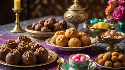 array of sweet treats for Eid against a festive backdrop