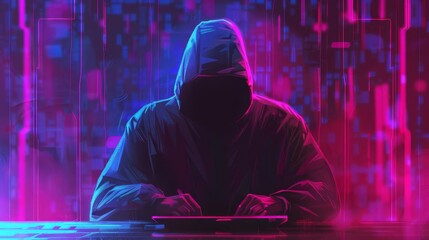 Hooded hacker at computer screen, cybercrime in neon digital art style - obrazy, fototapety, plakaty