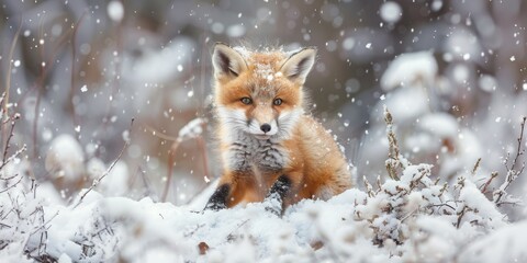 Fototapeta premium A small fox is sitting in the snow, looking up at the camera