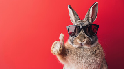 Cute easter rabbit with sunglasses, giving thumb up, isolated on red background with copy space, greetings card design