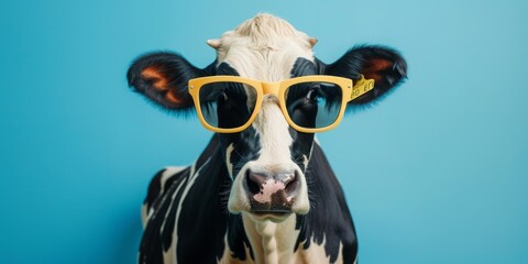 A cow wearing sunglasses is standing in front of a blue wall