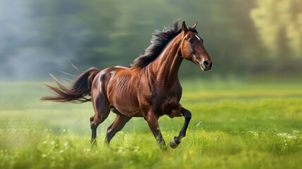 Obraz na płótnie Canvas Brown Horse Running Through Lush Green Field