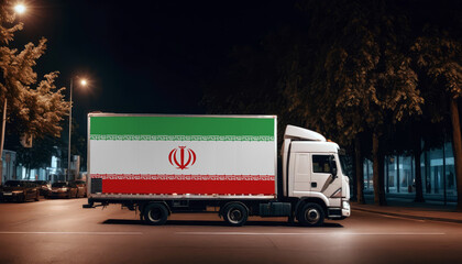 Iran  flag on the back of white truck against the backdrop of the city. Truck, transport, freight transport. Freight and Logistics Concept