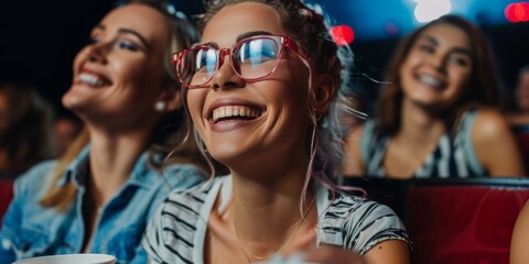 Obraz premium Three women are sitting in a movie theater, smiling and holding cups