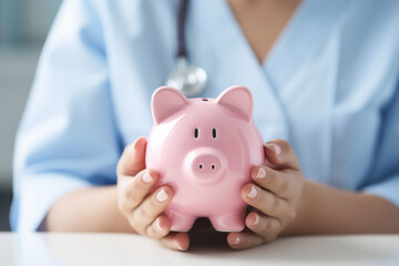 Close view of doctor holding piggy bank