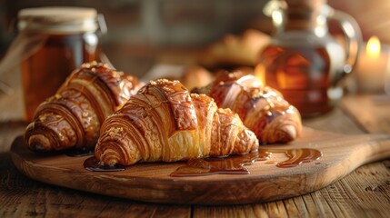 Wooden Cutting Board With Syrup-Covered Croissants