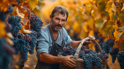 farmer harvesting grapes in a vineyard during the harvest season