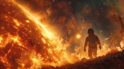 Poster A man in a spacesuit is walking through a fiery landscape © bird_saranyoo