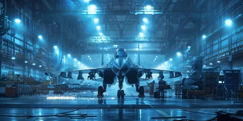 A jet is sitting on the runway in a hangar - obrazy, fototapety, plakaty