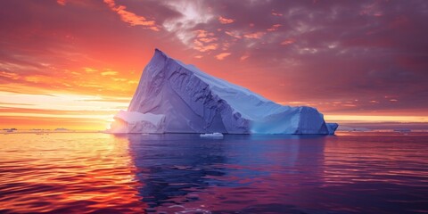 A large ice block is floating in the ocean with a beautiful sunset in the background.