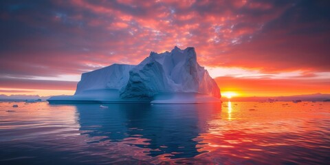 A large ice block is floating in the ocean with a beautiful sunset in the background.
