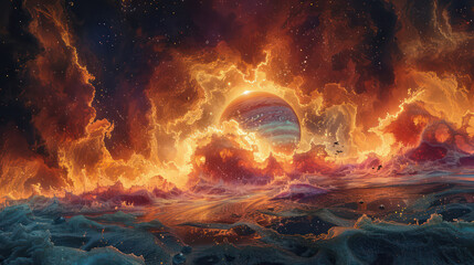 A painting of a planet with a large red sun and a large blue planet