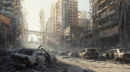 Post-Apocalyptic Ruined City, Destroyed Buildings and Burnt-Out Vehicles, Dystopian Digital Art