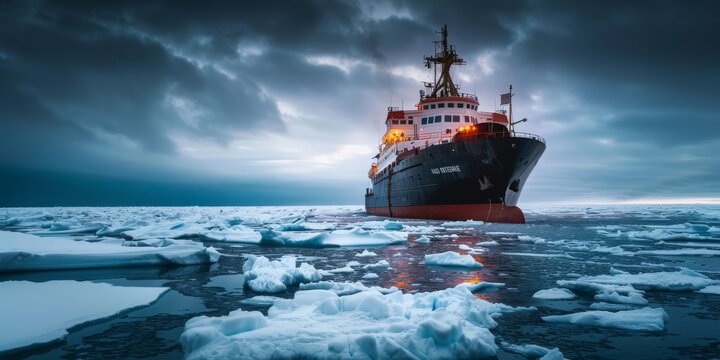 A large ship is sailing through a sea of ice