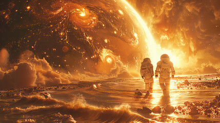 Fototapeta premium Two astronauts are walking on a beach on a planet