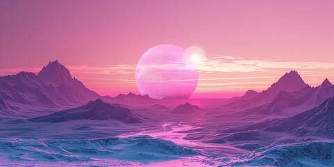 A pink and purple sky with a large planet in the middle - Powered by Adobe