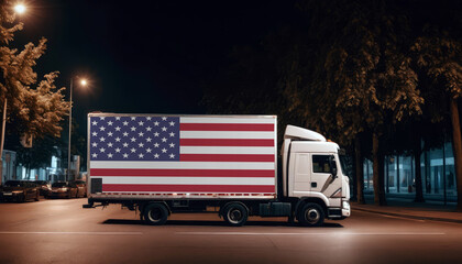 USA  flag on the back of white truck against the backdrop of the city. Truck, transport, freight transport. Freight and Logistics Concept - obrazy, fototapety, plakaty
