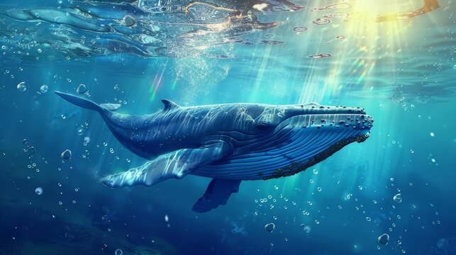 Serene underwater scene with majestic whale, sunbeams and floating bubbles, realistic digital painting
