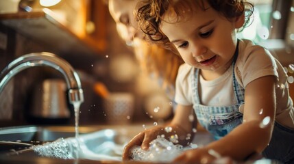 Little Girl Washing Hands in Sink - obrazy, fototapety, plakaty