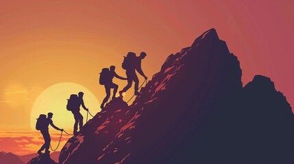 Teamwork Concept, Silhouette of Climbers Helping Each Other Reach the Summit, Digital Illustration