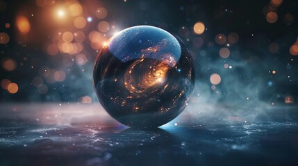 Universe brilliant cosmic glossy sphere, digital 3D render of galaxy elements - obrazy, fototapety, plakaty