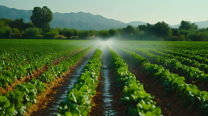 An irrigation system watering a field of crops