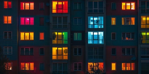A row of colorful apartments with windows lit up at night