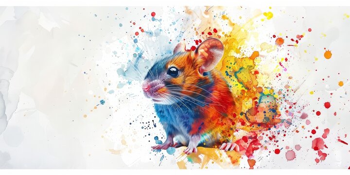 A colorful painting of a mouse with a pink nose