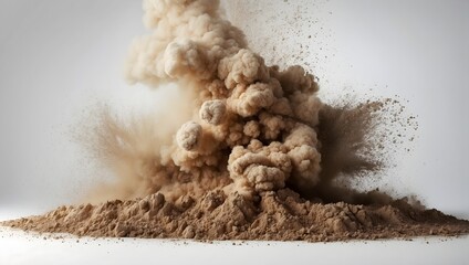 A vivid depiction of dry soil erupting in an abstract dust cloud, isolated on a white background for dramatic effect Generative AI