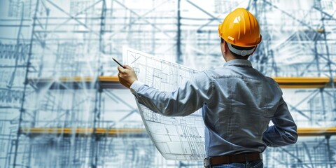A man wearing a hard hat and holding a blueprint in his hand