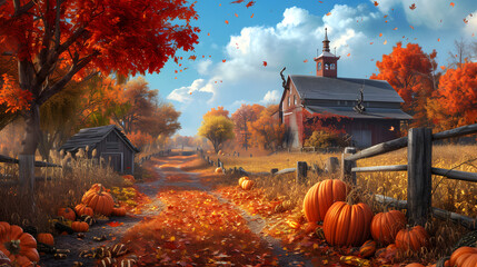 Capture the rich, warm colors of autumn on a farm with changing leaves and pumpkins - obrazy, fototapety, plakaty