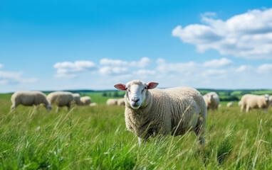 Fototapeta premium close up Sheep grazing on a lush green field,