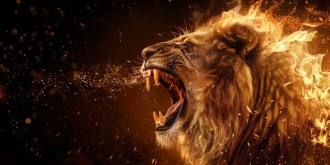 A lion is roaring with its mouth open, spewing fire - Powered by Adobe