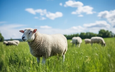 Obraz premium close up Sheep grazing on a lush green field,