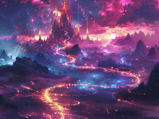 Stunning and fantasy scenery that lights up the night sky Colorful nebula landscape