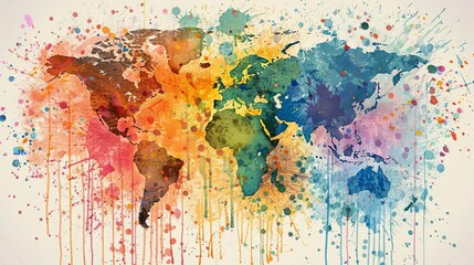 Watercolor world map with colorful splatters and drips, artistic global concept