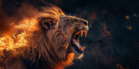 A lion with its mouth open and fire coming out of its mouth