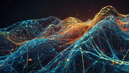 An abstract network of intertwining blue waves, dotted with colorful points and crisscrossed by lines to represent a connection structure Generative AI