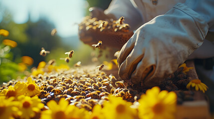 Close-ups of beekeepers tending to hives and the bees at work among blooming flowers - obrazy, fototapety, plakaty