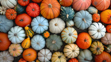 Create a visually striking image of a patch filled with various types of gourds and pumpkins