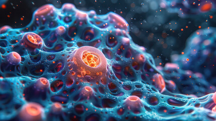 A colorful, abstract image of a cell with a red and blue background